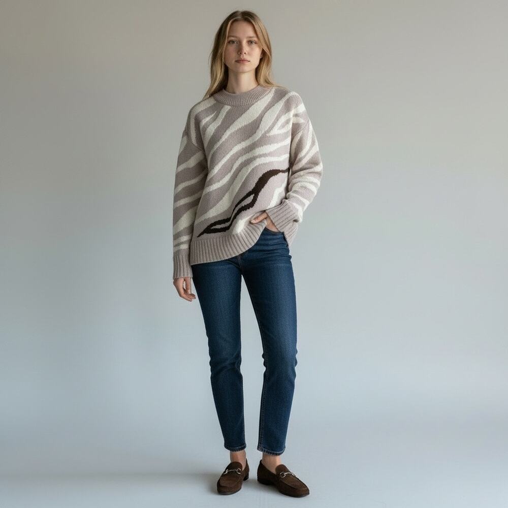 Tuckernuck Wave Zebra-Pattern Crew Neck Knit Wool Sweater Lavender Small